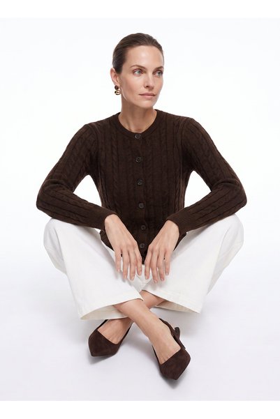 Brown Women's Crew Neck Slim Fit Hair Knit Cardigan F5Wl-Hrk0256