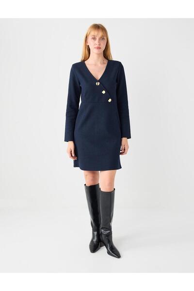 Navy Blue Double-Breasted Collar Shoulder Pad Piece Long Sleeve Knitted Mini Dress
