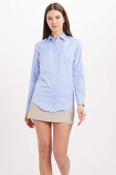 Women's Slim Fit Narrow Cut Body-Fit Long Sleeve Hidden-Button Detail Basic Blue Shirt
