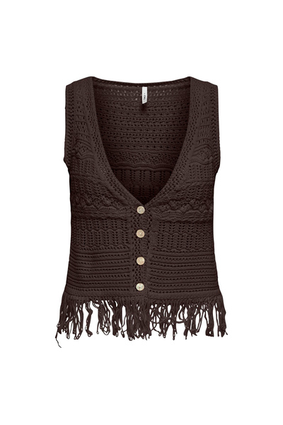 Brown Women's V-Neck Knitted Puffer Vest Onlalix Sl Fringe Waistcoat Knt