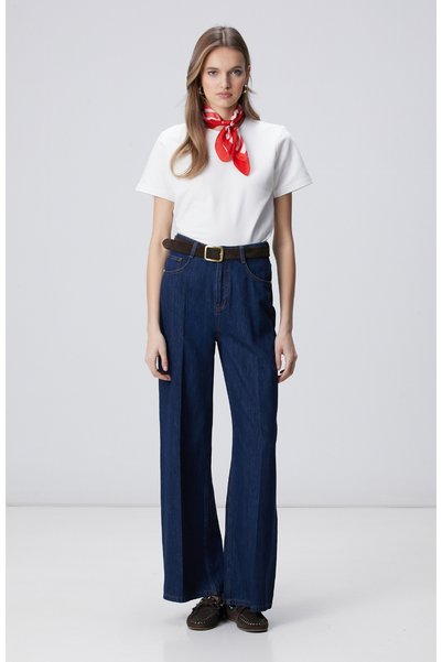 Navy Blue Wide Leg Denim Trousers