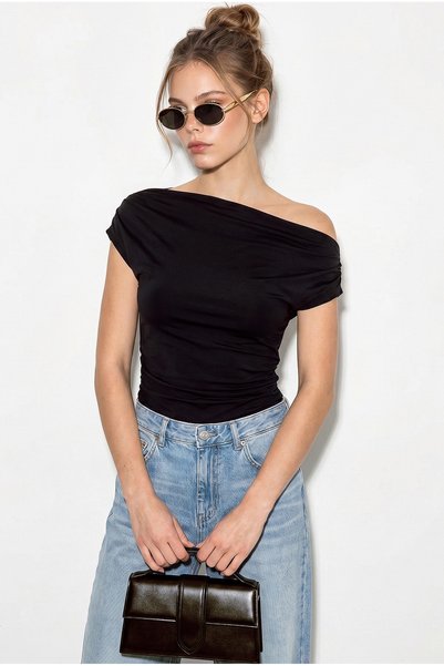 Women's Black Degaje Collar Lycra Blouse with Side Gather Detail 6157 60286227