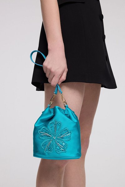 Mert Aslan Turquoise Embroidered Satin Bag