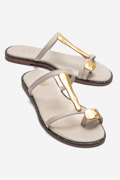 TESSA Ecru Genuine Leather Gold Buckle Women's Flip Flops