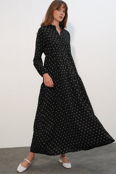 Women's Patterned Long Hijab Dress 2585 - C. Black