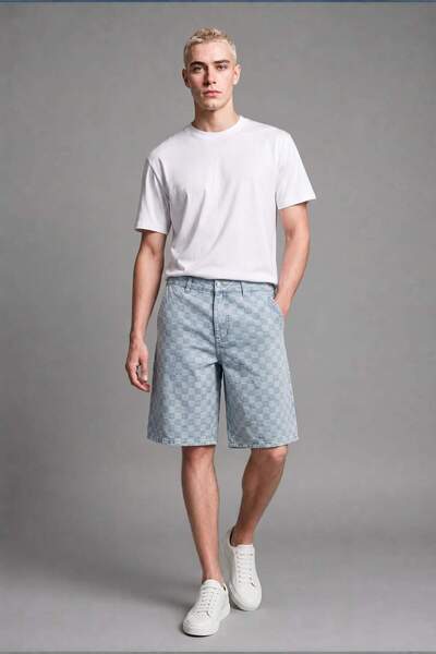 100% Cotton Baggy Fit Light Blue Checkered Bermuda Shorts I4053Ax26Hs
