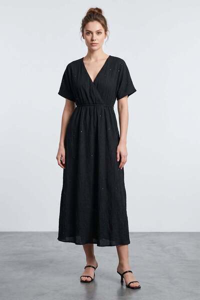 Sequined Double Breasted Collar Dress with Elastic Waist