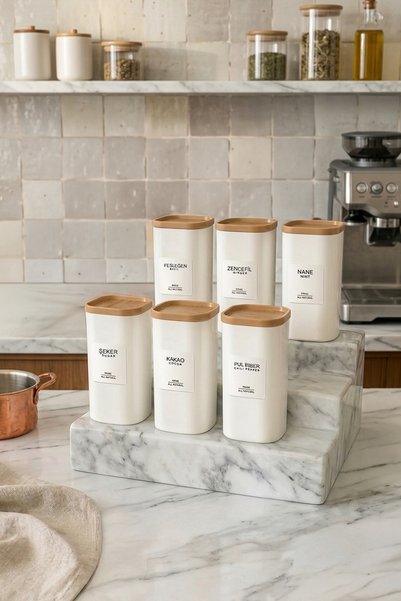 6-Piece Wooden Look Spice Jar Set with Labels and Leak-Proof Lids 350 ml