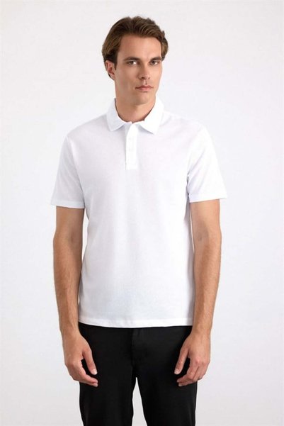 White Regular Honeycomb Unprinted Single Jersey Buttoned Polo Collar T-Shirt
