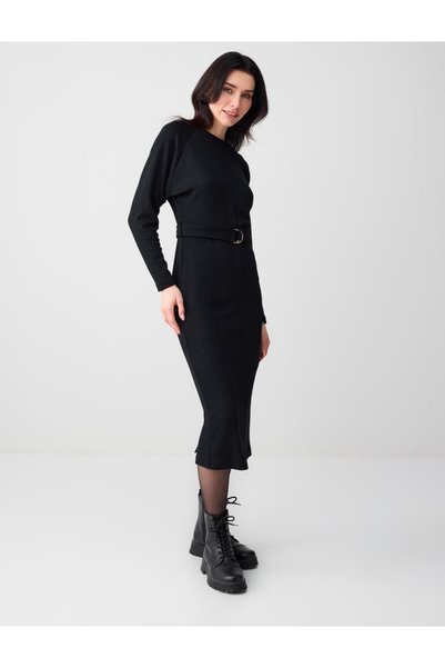 Black Belt Detailed Crew Neck Bat Sleeve Midi Dress