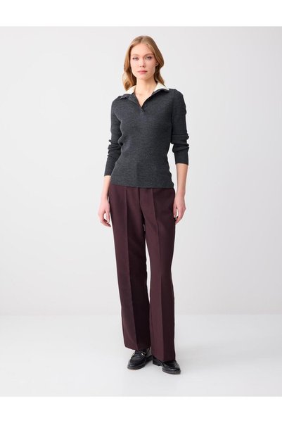 Anthracite Melange Slim Fit High Neck Long Sleeve Knitwear Blouse
