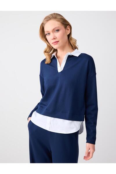 Navy Blue Shirt Collar Long Sleeve Modal Knitted Sweatshirt