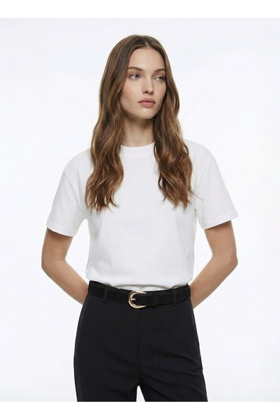 Crew Neck Plain Off-White Women's T-Shirt F6Sl-Tst0006