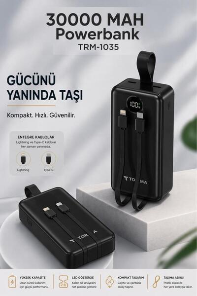 Powerbank со дигитален дисплеј, 2 излези, 30.000 Mah, пренослив брз полнач TRM1035 црн