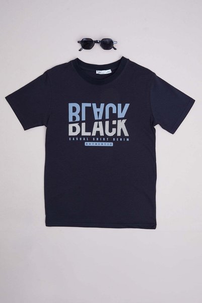 Black Text Printed Crew Neck Boys' T-Shirt