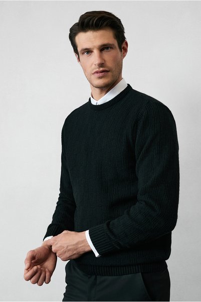 Crew Neck Regular Fit Wool Patterned Knitwear Sweater