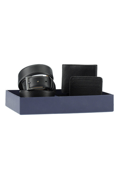 Patterned 3-Piece Leather Belt & Wallet & Card Holder Gift Boxed Set