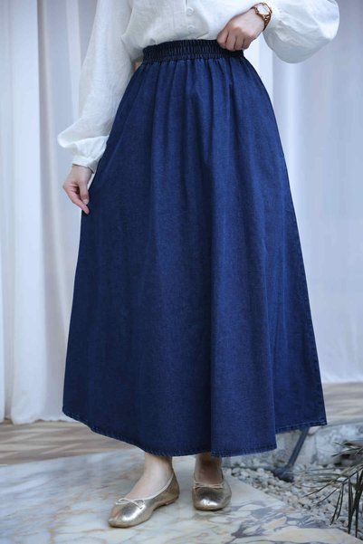 Dark Blue Elastic Waist Denim Skirt with Pockets