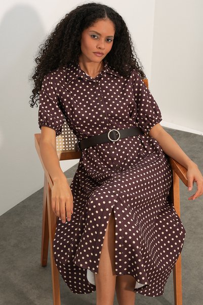 Women's Short Sleeve Belted Polka Dot Dress 2608 - Brown