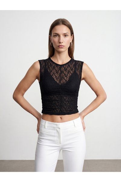 32492 Gathered Lace Top-Black