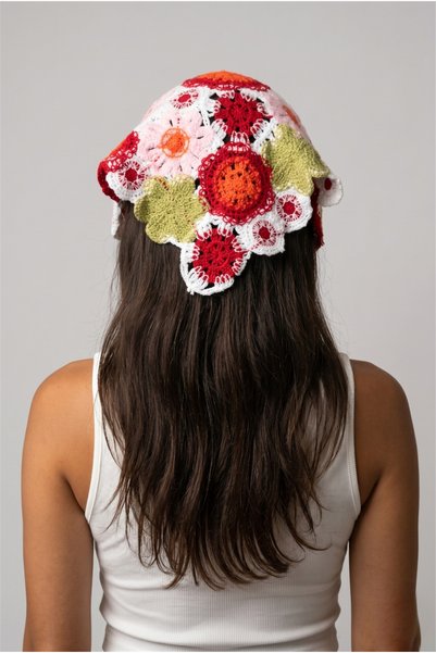 Red Floral Motif Knitted Bandana