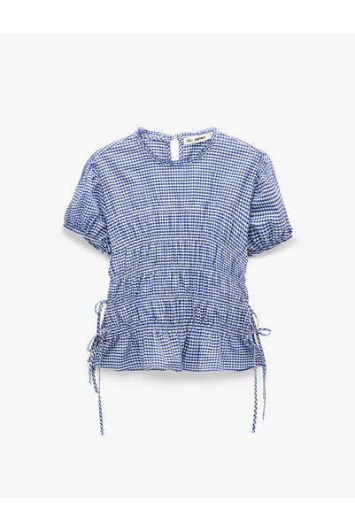 Cotton Ruffled Balloon Sleeve Gingham Blouse