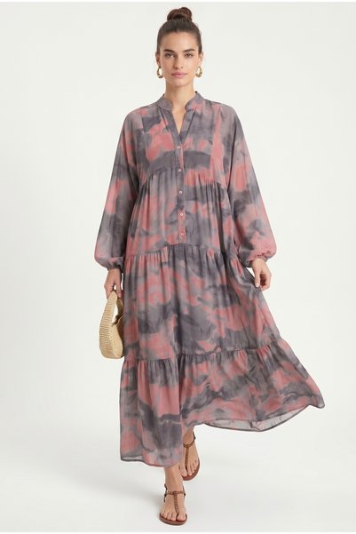 Women's Modest New Gloria Salmon Gray 100% Viscose Maxi Length Layered Balloon Sleeve Long Summer Dress