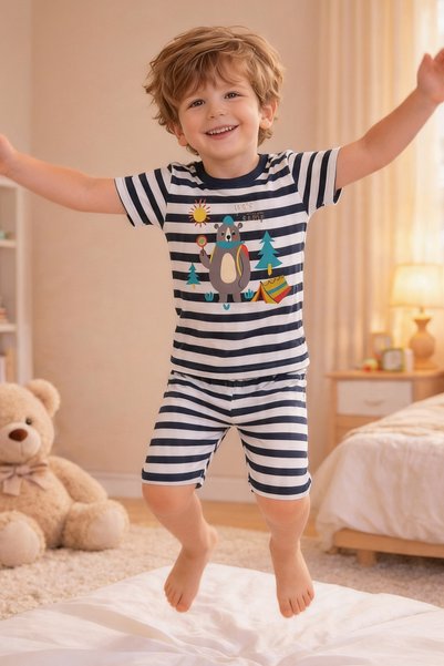 Boys' Cotton Striped Printed Short Sleeve Shorts Pajama Set