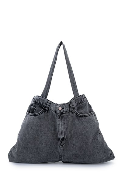 Denim Women's Shoulder Bag with Zipper and Button Detail Harmony Anthracite