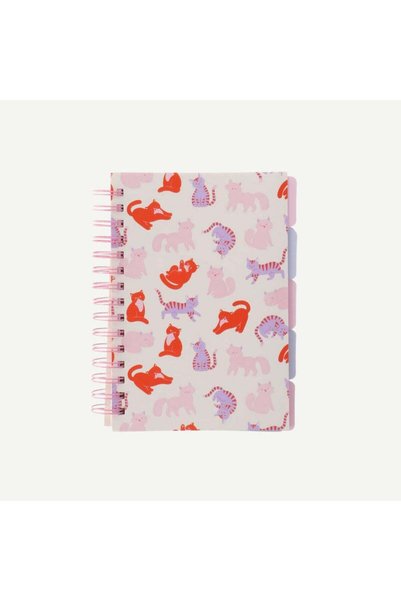 Cat Patterned Spiral Pink Notebook with Tabs