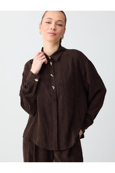 Bitter Coffee Relaxed Cut Long Sleeve Metal Buttoned Woven Shirt