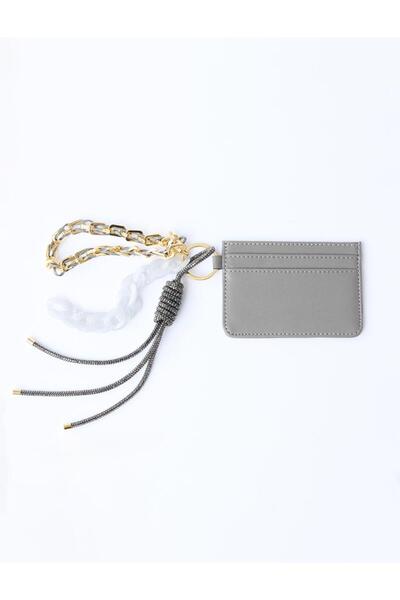Gray Leather-Look Chain Detailed Card Holder Wallet