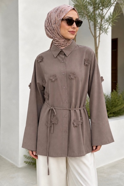 Mink Laser Cut Floral Detailed Modal Woven Shirt