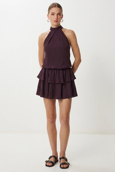 Halter Neck Layered Mini Crinkle Knitted Dress Lfw0022 Mürdüm