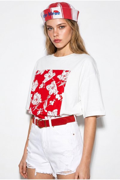 Women's White Red Crew Neck Floral Printed Oversize 100% Cotton T-Shirt Öt100001 60286273