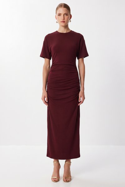 Drawstring Long Summer Modal Dress Lub0344 Bordo