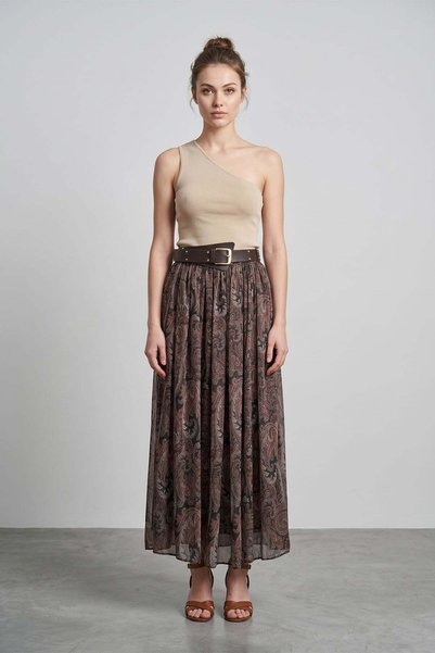 Belted Ethnic Patterned Maxi Length Chiffon Skirt