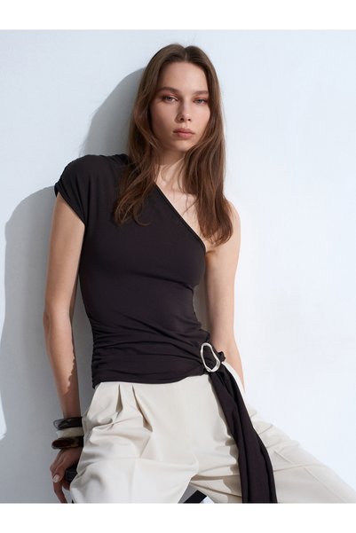 32877 Single Shoulder Buckle Top-Dark Brown