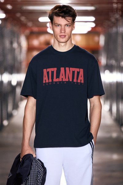 Atlanta Men's 100% Cotton Short Sleeve Navy Blue T-Shirt with Print Detail