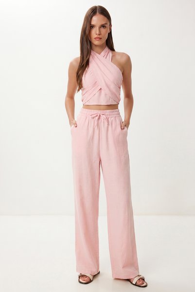 Halter Neck Linen Top and Bottom Set Lby0059 Sugar Pink