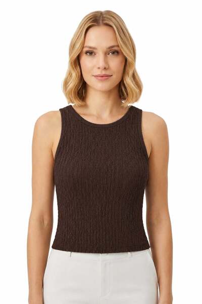 Premium - Tide Collection |   Brown Crew Neck Wrinkled Textured Sleeveless Women's Crop Blouse