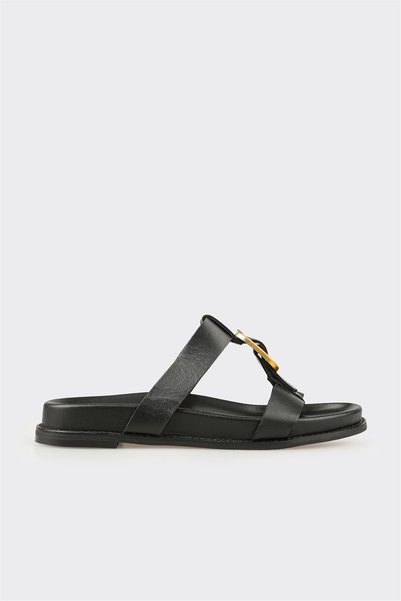Black Leather Women's Slippers