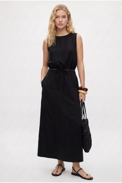 Women's Toby Tie-Up Blouse Elastic Waist Lined Skirt Woven Black Bottom-Top Set