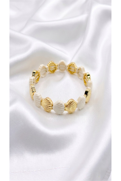 White and Gold Color Sea Shell Figured Flexible Bracelet