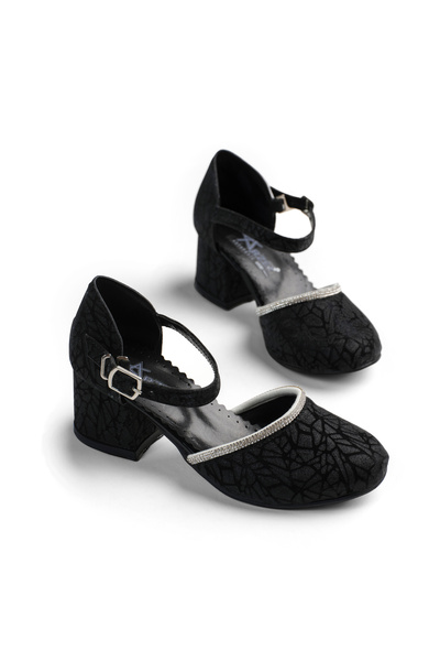 Girl's Black Glittery Children's Heeled Shoes