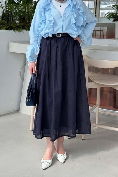 Belted Pocketed Hijab Skirt Navy Blue