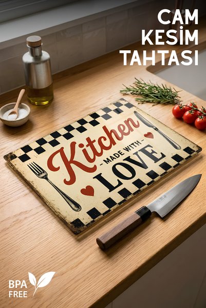Made with Love Patterned Glass Cutting Board - 25X35Cm - Durable and Practical Cutting Mat