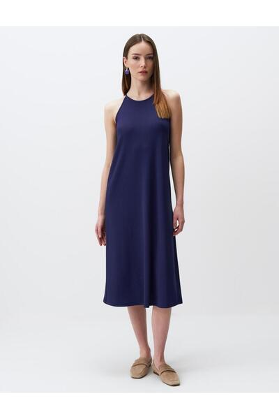 Navy Blue Loose Cut Crew Neck Sleeveless Basic Dress