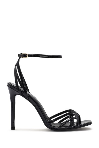 Women's Black Ankle Strap Thin High Heel Shoes Patent Leather Genuine Leather Sandals 25Sfd161116