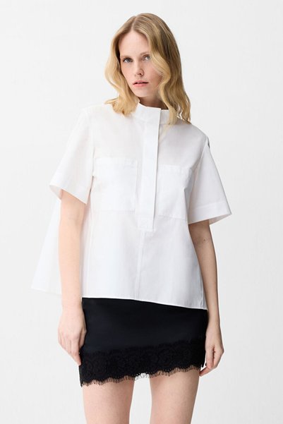 White Short Sleeve Blouse with Pockets